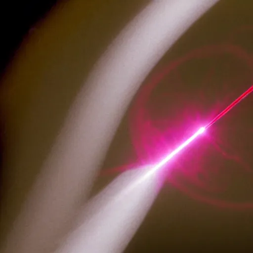 Prompt: a red laser beam is pointing at a cluster of gold nanoparticles