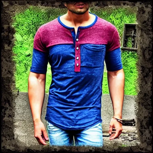 Prompt: men's henley tshirt, patchwork, bold colors