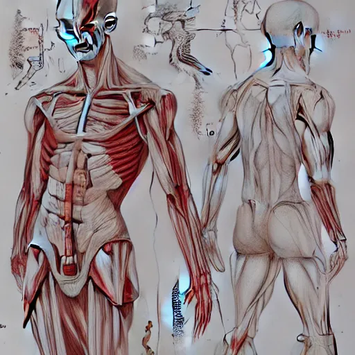 Image similar to anatomical, labelled, medical drawing of saitama with annotations to body parts, anime