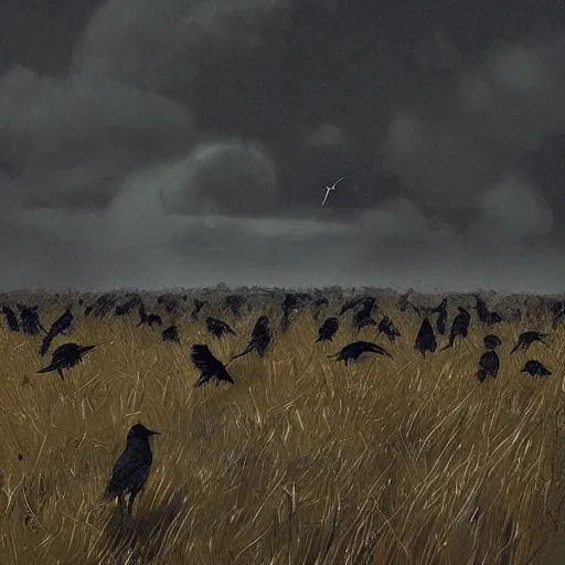 Prompt: A field full of crows, dark sky, art by greg rutkowski, trending on artstation.