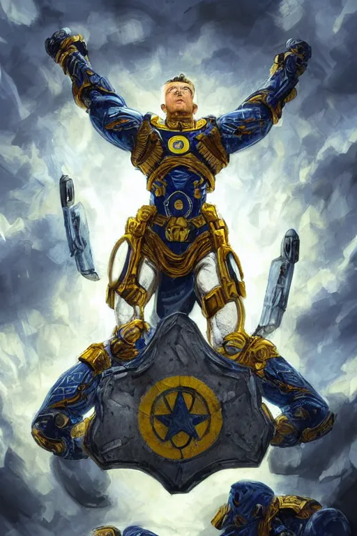 Image similar to an accurate picture of a super soldier with a Ukrainian blue and yellow stripes flag standing in the beam of light from the clouds on a pile of skulls as a winner, masculine figure, D&D, fantasy, intricate, elegant, highly detailed, extremely detailed, digital painting, artstation, concept art, matte, sharp focus, symmetrical, illustration, art by Artgerm and Greg Rutkowski and Alphonse Mucha