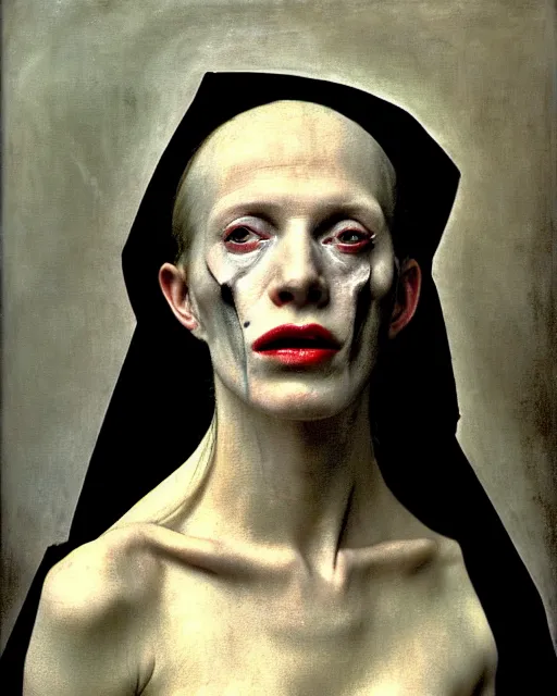 Image similar to a close up portrait of the devil with a blank cold expression, by joel peter witkin and hieronymus bosch and annie liebovitz, very pale skin, very blurry, translucent white skin, foggy, oil painting, photorealistic, anatomically correct, beautiful perfect face, visible brushstrokes, sharp focus, highly detailed, cinematic lighting, 8 k, hd