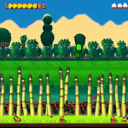 Image similar to side scroller video game of man in landscape of giant asparagus