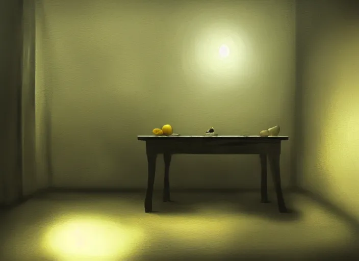 Image similar to dark liminal room, lemon sits idly on a centered table, eerie atmosphere, dark dramatic lighting, trending on artstation