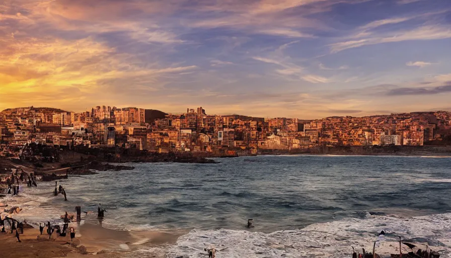 Image similar to valparaiso of chile, unreal engine, digital art, sunset, sharp focus, beach, vivid color