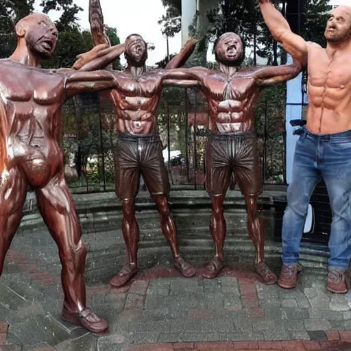 Image similar to group of young men worshipping giant statue of joe rogan and andrew tate in real life, 8 k, 4 k uhd, realistic, hyper realistic, super detailed, very detailed, detailed