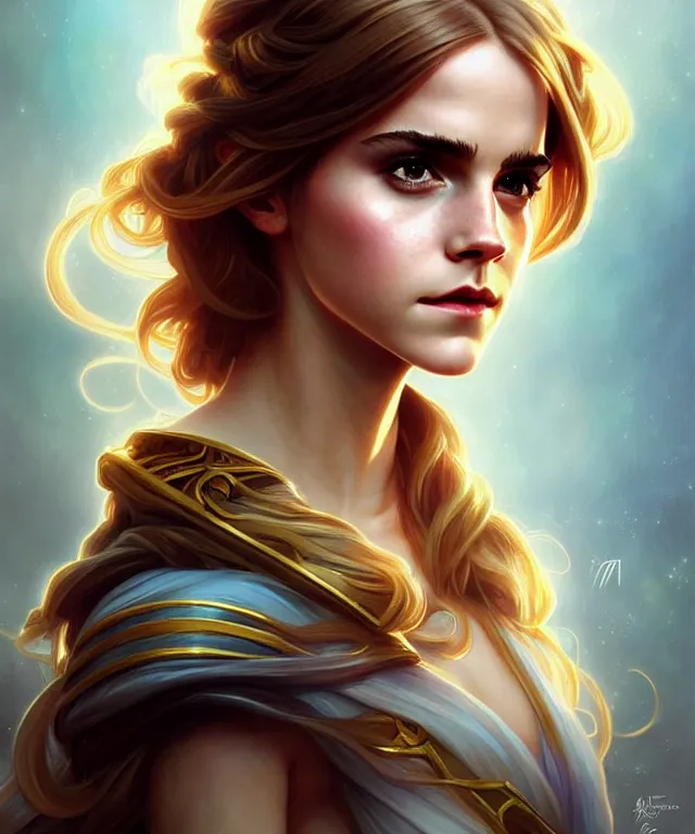 Image similar to Emma Watson as a crystal maiden, sci-fi, amber eyes, face, long hair, fantasy, intricate, elegant, highly detailed, digital painting, artstation, concept art, smooth, sharp focus, illustration, art by artgerm and greg rutkowski and alphonse mucha