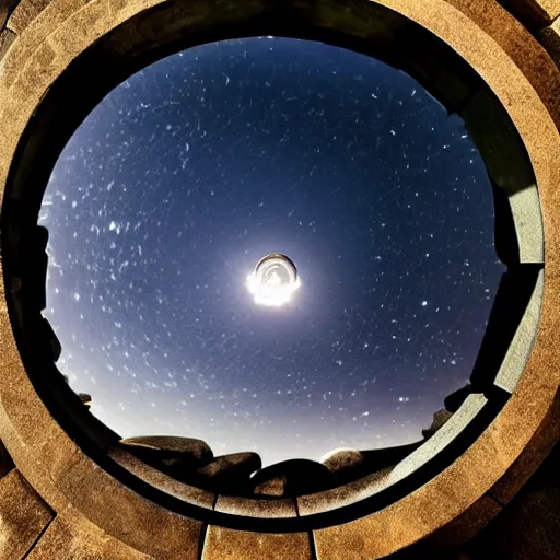 Image similar to stargate made of stone that form a circle, cinematic view, epic sky : : highly detailed