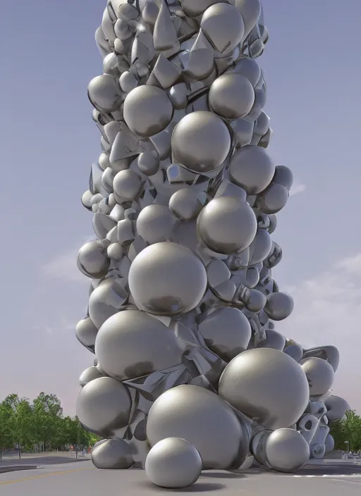 Image similar to highly detailed realistic architecture 3 d render of a futurisctic stele column monument made from spheres in frank gehry style standing near a highway, archdaily, made in unreal engine 4 octane render