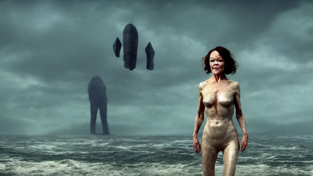 Image similar to photo of Helen McCrory coming out of the ocean, extreme detailed face, spaceship flying on the background, film still from the movie directed by Denis Villeneuve with art direction by Zdzisław Beksiński, wide lens