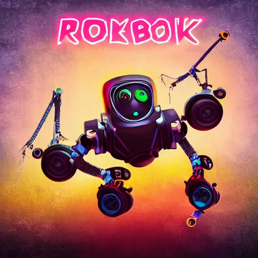 Image similar to album art, the band name is roborock, album name is energetic trance music, band with 3 steampunk robots on a dj desk with a cd mixer, 8 k, flourescent colors, halluzinogenic, multicolored, exaggerated detailed, front shot, 3 d render, octane