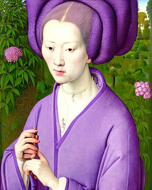 Prompt: portrait of a woman with lilac long hair wearing a baggy blue pajama, standing in a big garden full of plants and, intricate details, high detail, in the style of rogier van der weyden and jacopo da pontormo, punk, asian art,