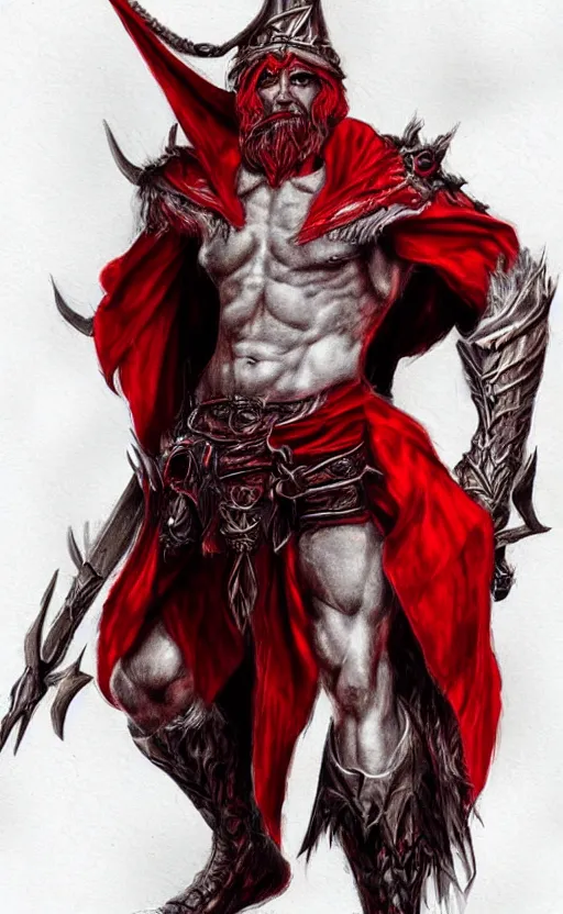 Image similar to a mindblowing red wizard, chad, handsome, super buff and cool, very detailed, sharp, matte, concept illustration, fire magic