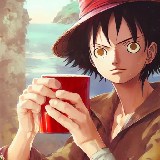 Image similar to mugiwara no luffy drinking cofee, digital art, pretty face, very beautiful face, very detailed eyes, 8 k resolution, by wlop, greg rutkowski, full body