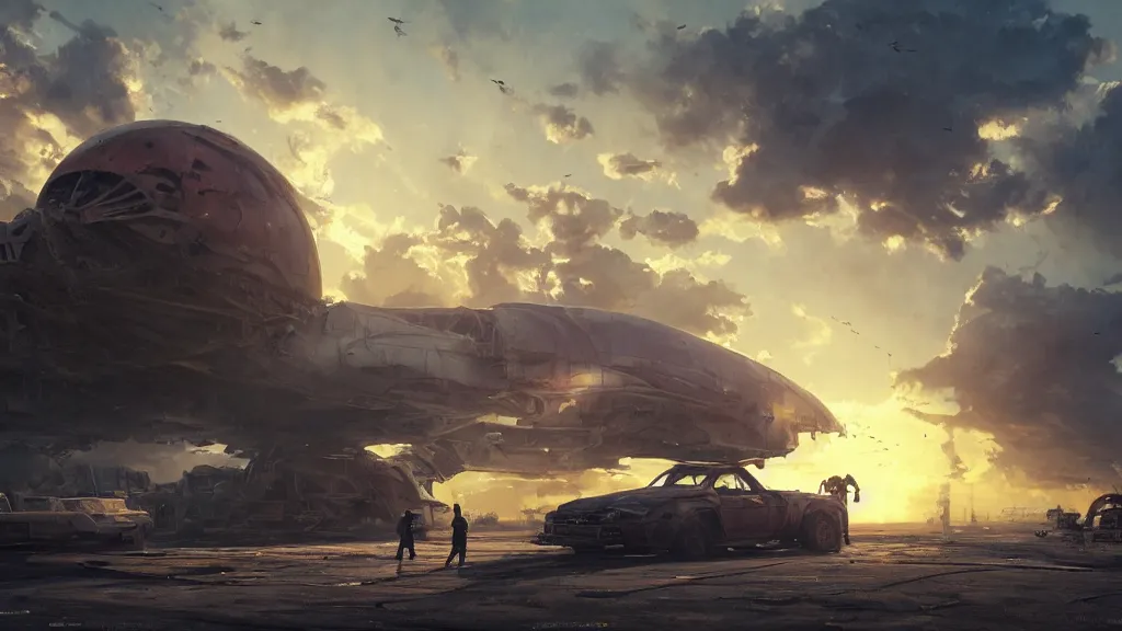 Image similar to a Photorealistic hyperrealistic render of a gigantic spaceship landing at a Junkyard by Greg Rutkowski,Vitaly Bugarov,Stephan Martiniere,Nicolas Bouvier SPARTH,James Paick, Juan Gimenez,PIXAR,dramatic moody sunset lighting,long shadows,Volumetric, cinematic atmosphere, Octane Render,Artstation,8k