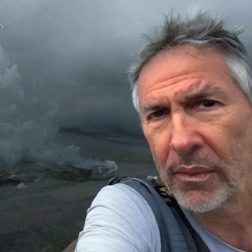 Image similar to final selfie taken by the sad exhausted last person remaining on earth in front of dramatic disasters in the style of roland emmerich during the terrifying apocalypse.