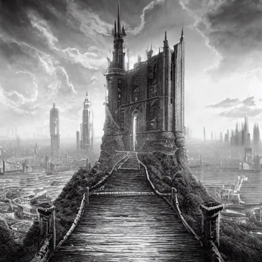 Image similar to an ultra detailed black and white matte painting of a lonely and impossibly tall ominous dark tower elevated high above the city, on an isolated plateau island in a river elevated high above the city fortress tower, fantasy capital city, ultrawide lense, aerial photography, volumetric lighting, exquisite detail, 8 k, art by artgerm and greg rutkowski and alphonse mucha