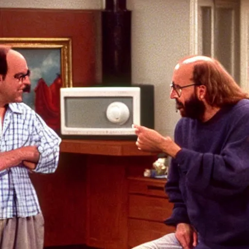 Image similar to Photo still of Jesus Christ in 1990s clothing talking with George Costanza in Jerry Seinfeld's apartment, in the style of the TV show Seinfeld (1994)