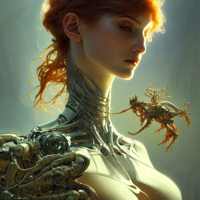 Image similar to organic cyborg, diffuse lighting, fantasy, intricate, elegant, highly detailed, lifelike, photorealistic, digital painting, artstation, illustration, concept art, smooth, sharp focus, art by john collier and albert aublet and krenz cushart and artem demura and alphonse mucha