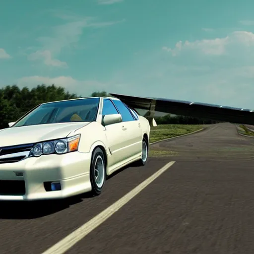 Image similar to toyota camry 9 9 with wings flying in the sky