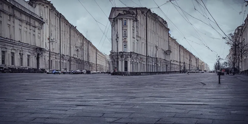 Image similar to cinematic street shot of a antigravity saint petersburg city in the moon, orbit city, telephoto, anamorphic cinematography, beautiful composition, color theory, leading lines, photorealistic, moody volumetric lighting