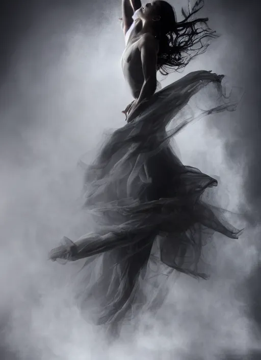 Image similar to a Photorealistic dramatic hyperrealistic render of a beautiful Female smoke dancer by Ken Brower and Deborah Ory of NYC Dance project,Lois Greenfield,Flowing cloth and smoke,Beautiful dynamic dramatic dark moody lighting,volumetric,shadows,cinematic atmosphere,Octane render,8K