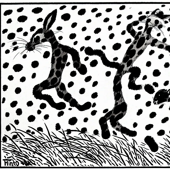 Prompt: a still frame from comic strip, black fluffy leopard dancing with rabbit in a field 1 9 5 0, silhouette, herluf bidstrup, new yorker illustration, monochrome contrast bw, lineart, manga, tadanori yokoo, simplified,