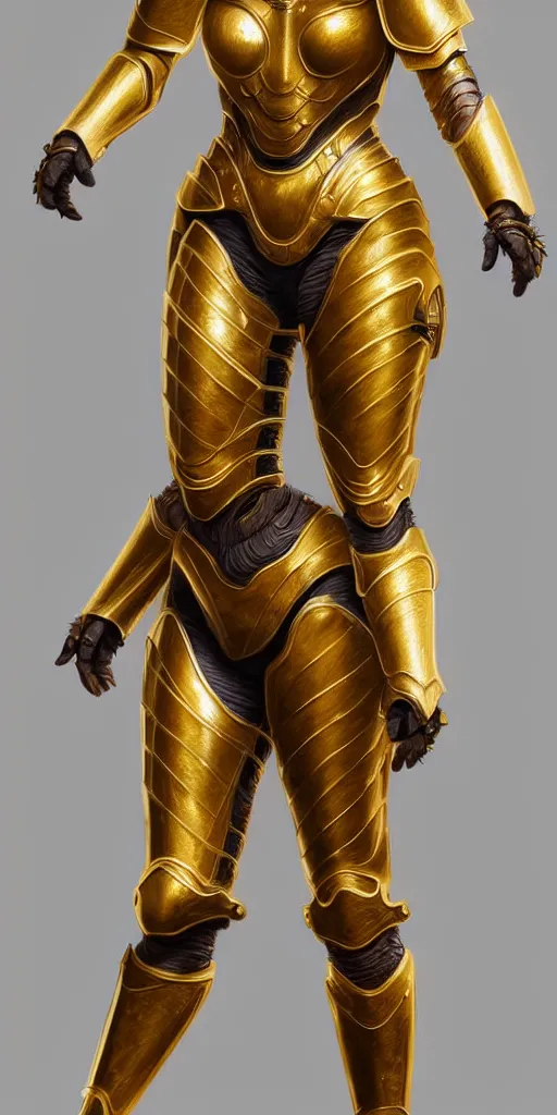 Prompt: professional digital art of a hyper realistic and highly detailed woman golden armor. accurate rending of one woman in armor. greg rutkowski, zabrocki, karlkka, jayison devadas, intricate, trending on artstation, 8 k, unreal engine 5, pincushion lens effect