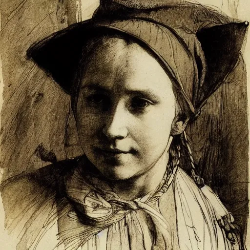 Image similar to materials ink and pen study portrait of a peasant girl by anders zorn, hans holbein the younger, jan van eyck