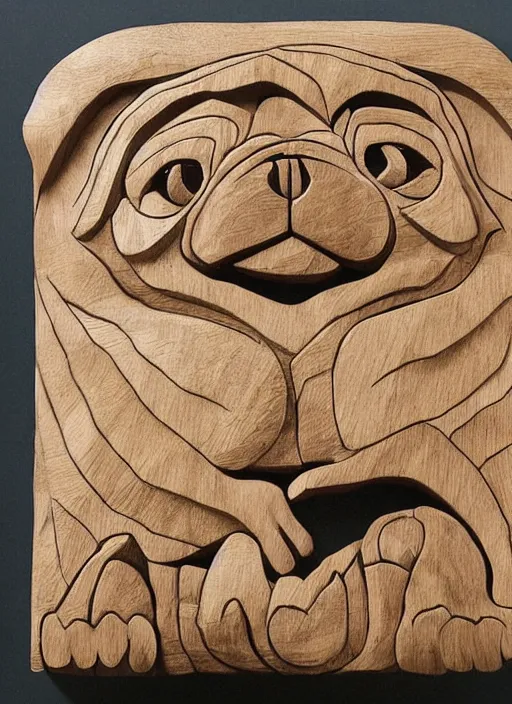 Image similar to wood carving of a pug squaring up to a large tabby cat