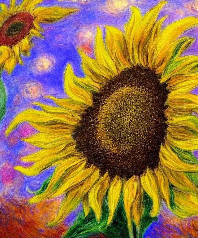 Image similar to sunflower, water painting, monet, heavenly, sun rays, intricate, colorful, highly detailed, soft tones