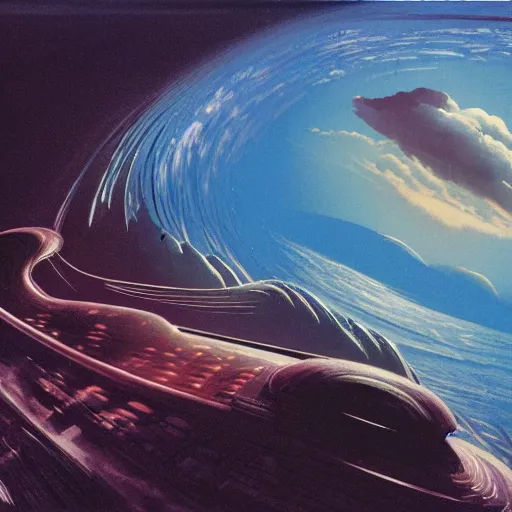 Image similar to overhead look of an alien ocean with clouds above it, serpent emerging out of the water, mountains on the background, syd mead, john harris,