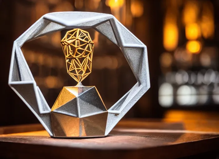 Image similar to a reflective symmetrical polyhedral 3 d printed steel engineering trophy at a high end bar in a medieval themed castle in golden afternoon light, professional food photography