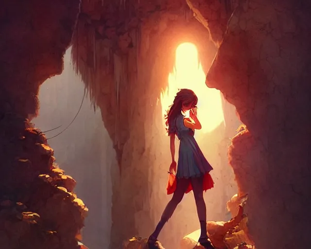 Image similar to a cinematic boy girl traditional romance moment, exploring the caves boho clothing, full body illustration, bestselling movie art poster, official media, 1970s fashion, dynamic lighting official anime media, incredible art by artgerm and greg rutkowski