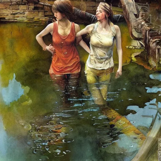 Image similar to women coming out of pond, by jon foster