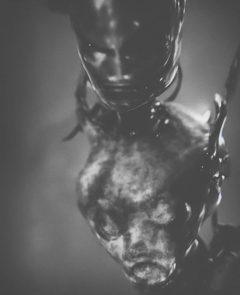 Prompt: a heroic portrait of a humanoid alien, low camera angle, 50mm lens, dramatic rim lighting