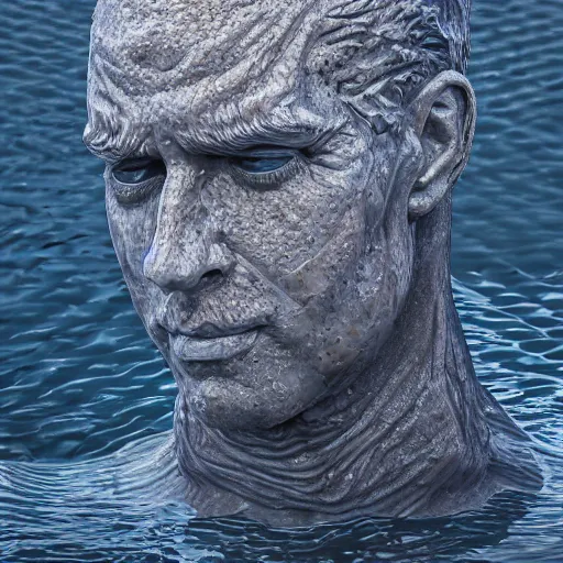 Image similar to a giant water sculpture of a human head, on the ocean water, cinematic, in the style of johnson tsang, long shot, hyper detailed, hyper realistic, ray tracing, 8 k resolution, sharp focus, realistic water, award winning