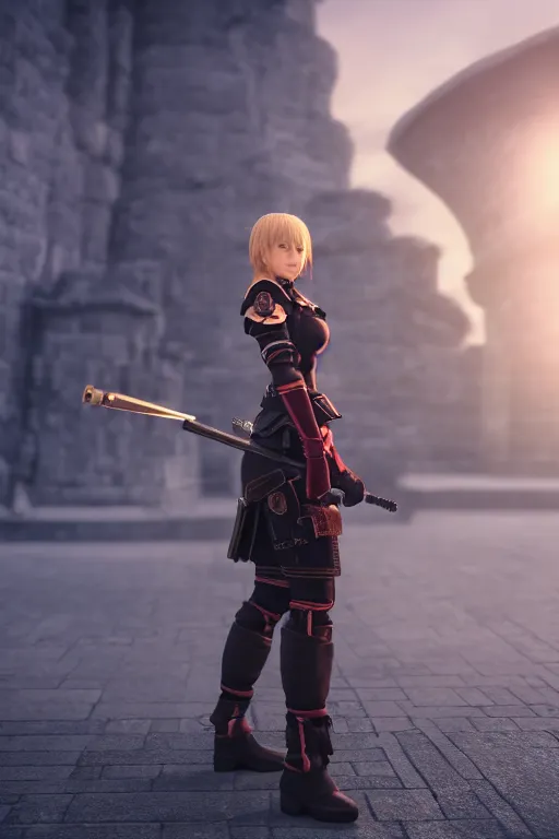 Prompt: a beautiful female guard from final fantasy shyly posing on camera, symmetrical, cinematic, elegant, dawn light, real dlsr photography, sharp focus, 4 k, ultra hd, sense of awe