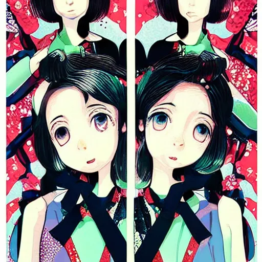 Image similar to ai yazawa cover illustration of very symmetrical portrait of teens in fruits magazine steetwear illustration of cute cool fashion worn in the far future with glowing led lights and plants, futuristic!!! haute couture fashion!!!!, nanotechnology and cybernetics!!! and solar power and prosthetic, detailed elegant manga illustration intaglio