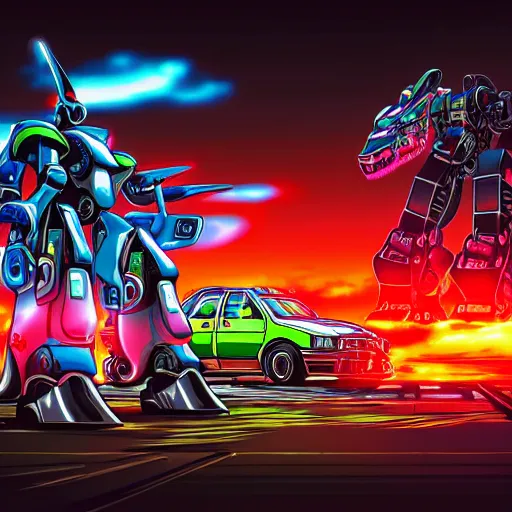 Prompt: detailed wide shot photograph of an anime style mecha robot dinosaur and a nissan skyline r34 cyberpunk, neon