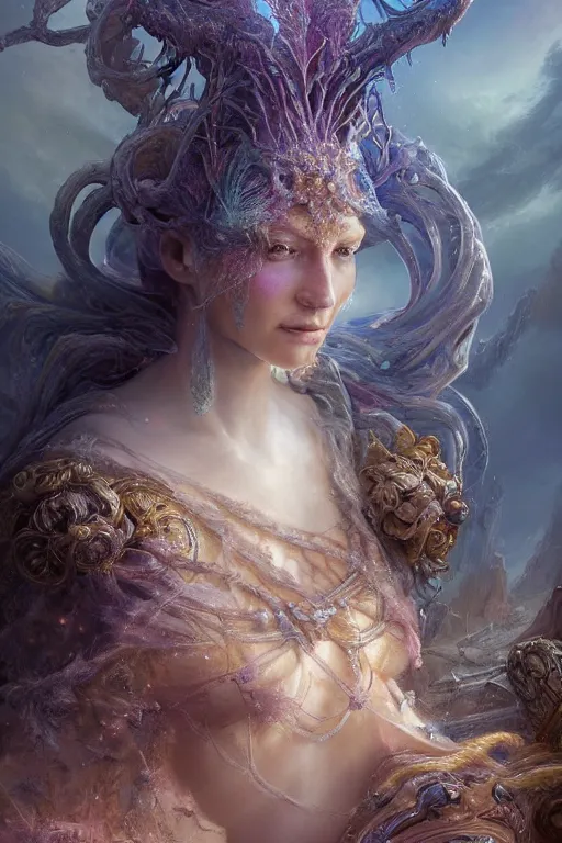 Prompt: beautiful detailed cgi matte painting female empress of the andromeda, by ellen jewett, tomasz alen kopera and justin gerard | symmetrical features, ominous, alluring, vivacious, realism, intricate, ornate, royally decorated, organic, growth, whirling nebulas, glowing particles, colorful adornments, colorful torn fabric, radiant colors