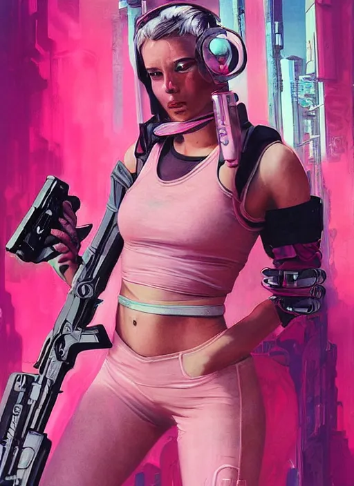 Image similar to beautiful cyberpunk female athlete wearing pink athletic gear. firing a futuristic red automatic pistol with huge magazine. ad for pistol. cyberpunk poster by james gurney, azamat khairov, and alphonso mucha. artstationhq. gorgeous face. painting with vivid color, cell shading. ( rb 6 s, cyberpunk 2 0 7 7 )