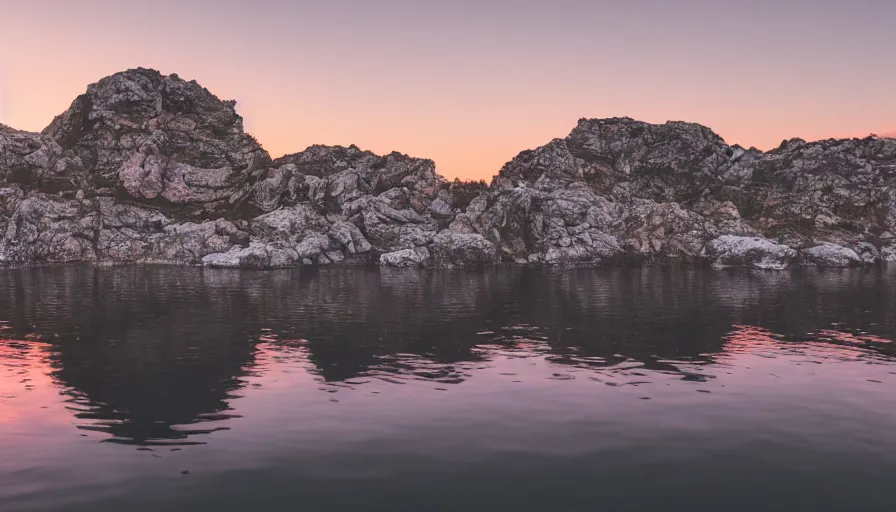 Image similar to cinematic wide shot of a lake with a rocky foreground, sunset, a bundle of rope is in the center of the lake, leica, 2 4 mm lens, 3 5 mm kodak film, f / 2 2, anamorphic