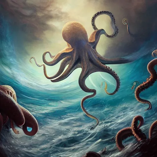 Prompt: a dream fantasy painting of a octopus attack a man in the deep of the ocean, by beksinki, antonio j. manzanedopro greg rutkowski, carne griffith trending on artstation, deviantart, photorealism