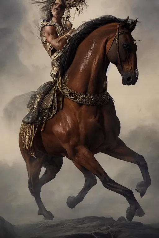 Image similar to 3 quarter view photography portrait of a prince stalion horse , organed, tatooed, intricate details, muscles, elegant, divine, illustrated by greg rutkowski and Akira Saito and Peter mohrbacher, 4k,