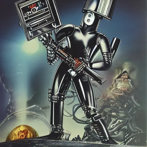 Prompt: 1 9 8 0's heavy metal album art, a shiny reflective detailed chrome cool cybernetic futurepunk 1 9 7 0's london punk rock android firing a giant rifle - style blaster rifle designed by ridley scott inside an alien spaceship