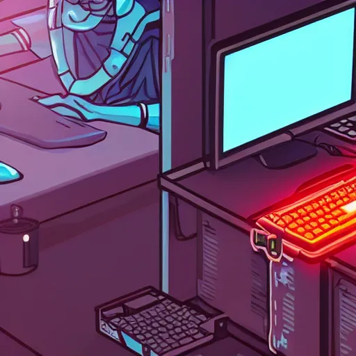 Image similar to a lich sitting in front of a computer writing code, phylactery in his other hand, cyberpunk style