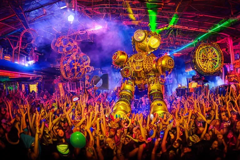 Prompt: scene is elrow party in ushuaia in ibiza, portrait photo of a giant huge golden and blue metal steampunk robot, with gears and tubes, eyes are glowing red lightbulbs, shiny crisp finish, 3 d render, 8 k, insaneley detailed, fluorescent colors, haluzinogetic, background is multicolored lasershow