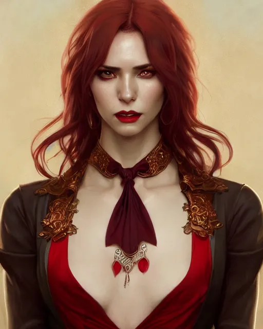 Image similar to female vampire, gold waistcoat, red shirt, grey hair, red necktie, cinematic, stunning, highly detailed, digital painting, artstation, smooth, hard focus, full body shot, illustration, art by artgerm and greg rutkowski and alphonse mucha