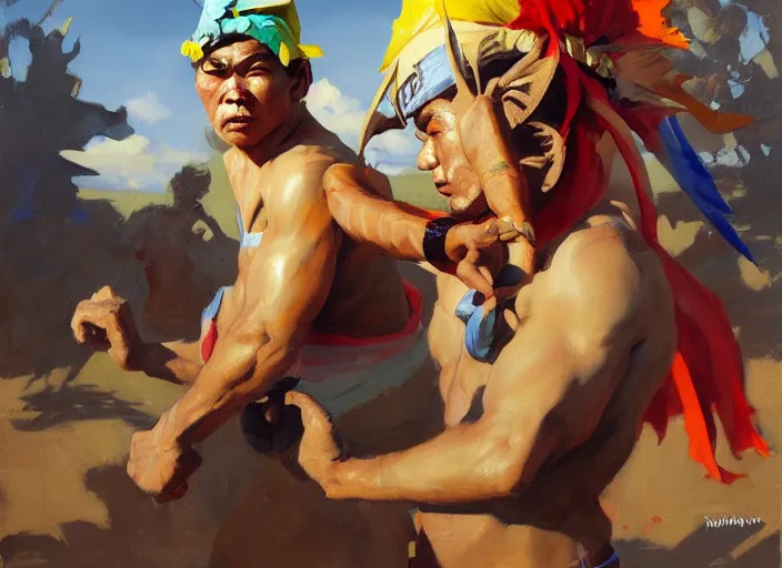 Prompt: greg manchess portrait of a filipino fighting wearing a jester hat in a victorious pose in an arena, organic painting, sunny day, matte painting, bold shapes, hard edges, street art, trending on artstation, by huang guangjian, gil elvgren, ruan jia, randy vargas, greg rutkowski